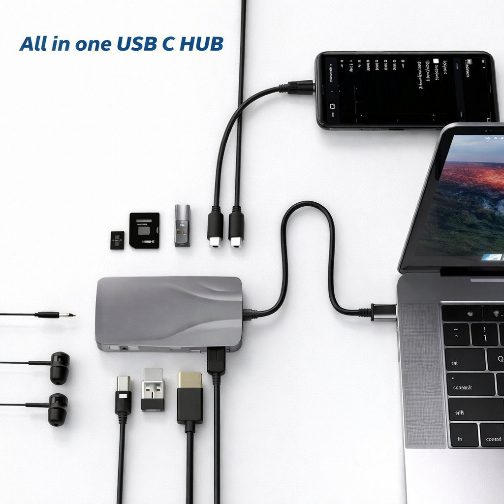 Fonething USB C HUB, 11 in 1 USB C Docking Station with 4K HDMI, , 3*USB 3.0, USB C Data, , RJ45 Ethernet Port, SD/TF, 3.5mm AUX, Compatible with MakBook Pro/Air, More Type C Devices-grey