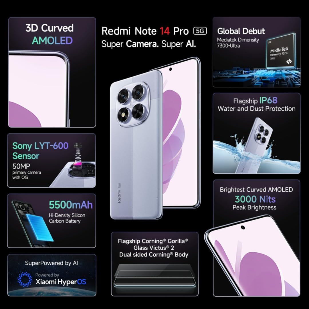 Redmi Note 14 Pro 5G (Phantom Purple, 8GB RAM+ 256GB Storage) | Mediatek Dimensity 7300 Ultra Processor | AMOLED Display | Dual Nano-SIM | 5500mAh Battery