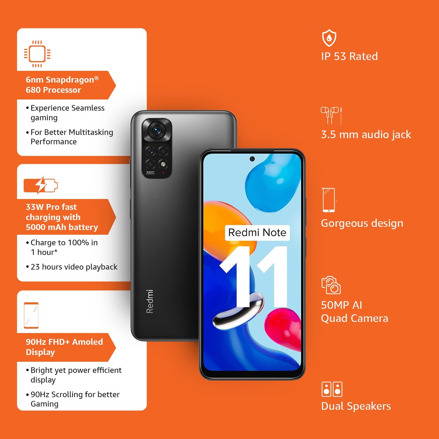 Redmi Note 11 (Space Black, 6GB RAM, 128GB Storage)|90Hz FHD+ AMOLED Display | Qualcomm® Snapdragonâ„¢ 680-6nm | 33W Charger Included