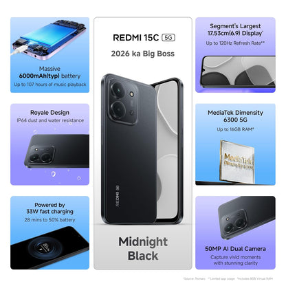 Redmi 15C | Royale Design | Massive 6000mAh Battery | Segment's Largest 17.53cm Display Up to 120Hz | MediaTek Dimensity 6300 | 33W Fast Charging | 50MP AI Dual Camera