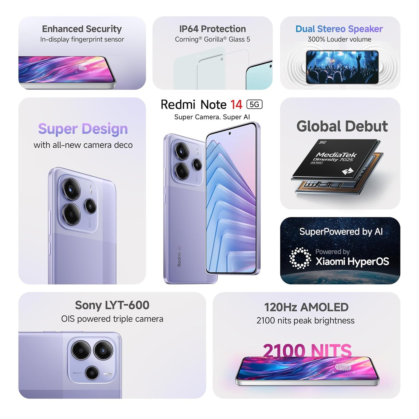 Redmi Note 14 5G (Phantom Purple, 8GB RAM 256GB Storage) | Global Debut MTK Dimensity 7025 Ultra | 2100 nits Segment Brightest 120Hz AMOLED | 50MP Sony LYT 600 OIS+EIS Triple Camera