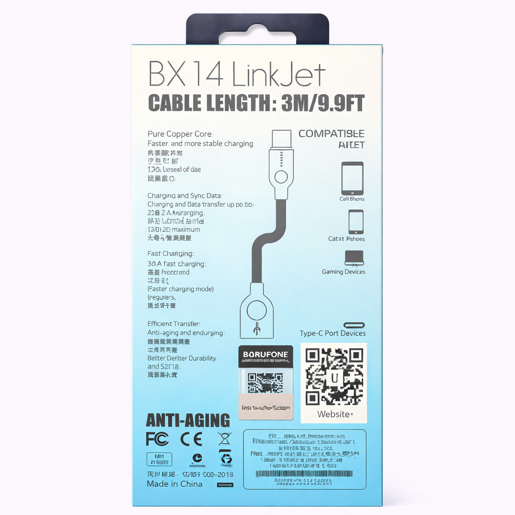 BOROFONE BX14 LinkJet Type-C Fast Charging Cable 3M (9.9FT) – Durable, Ergonomic & High-Speed Data Sync