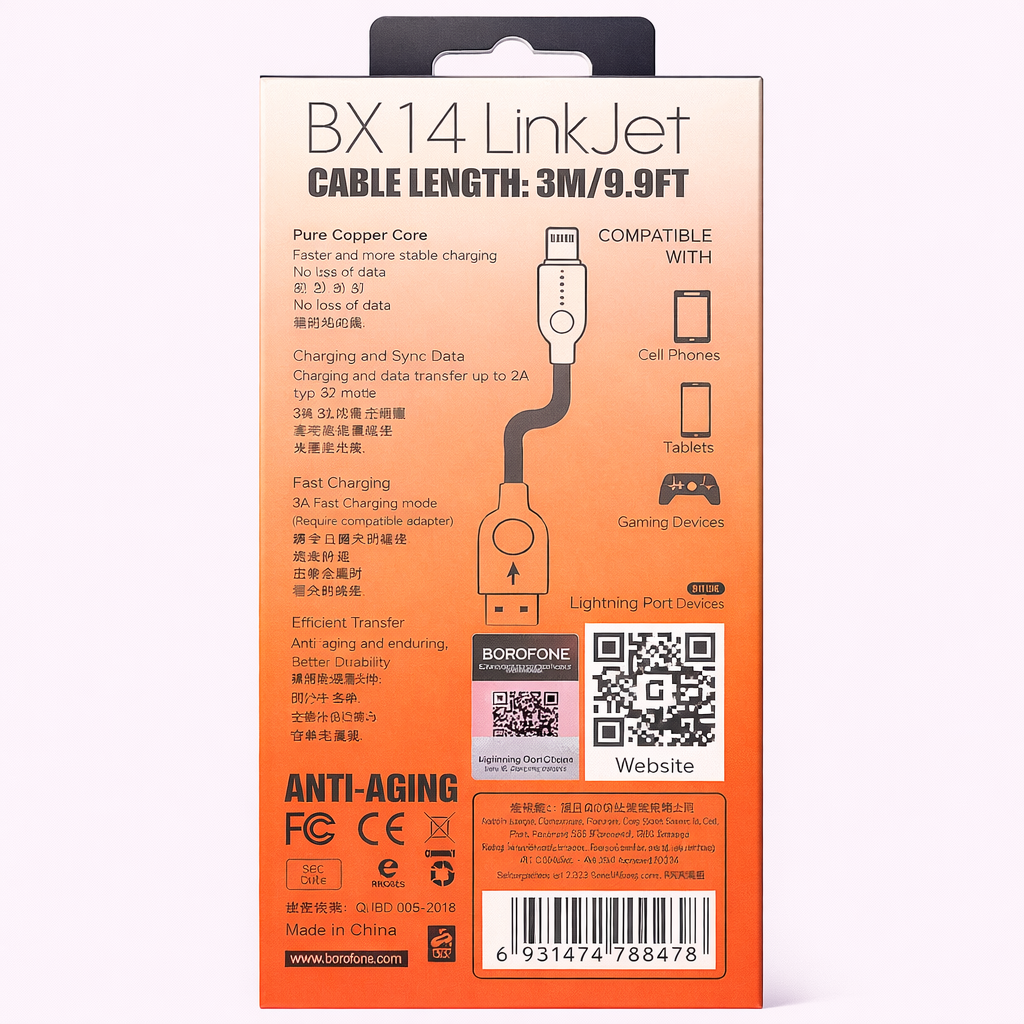BOROFONE BX14 LinkJet Lightning Cable 3M (9.9FT) – Fast Charging &amp; Data Sync, Durable Ergonomic Design