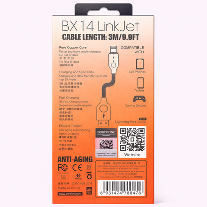 BOROFONE BX14 LinkJet Lightning Cable 3M (9.9FT) – Fast Charging &amp; Data Sync, Durable Ergonomic Design