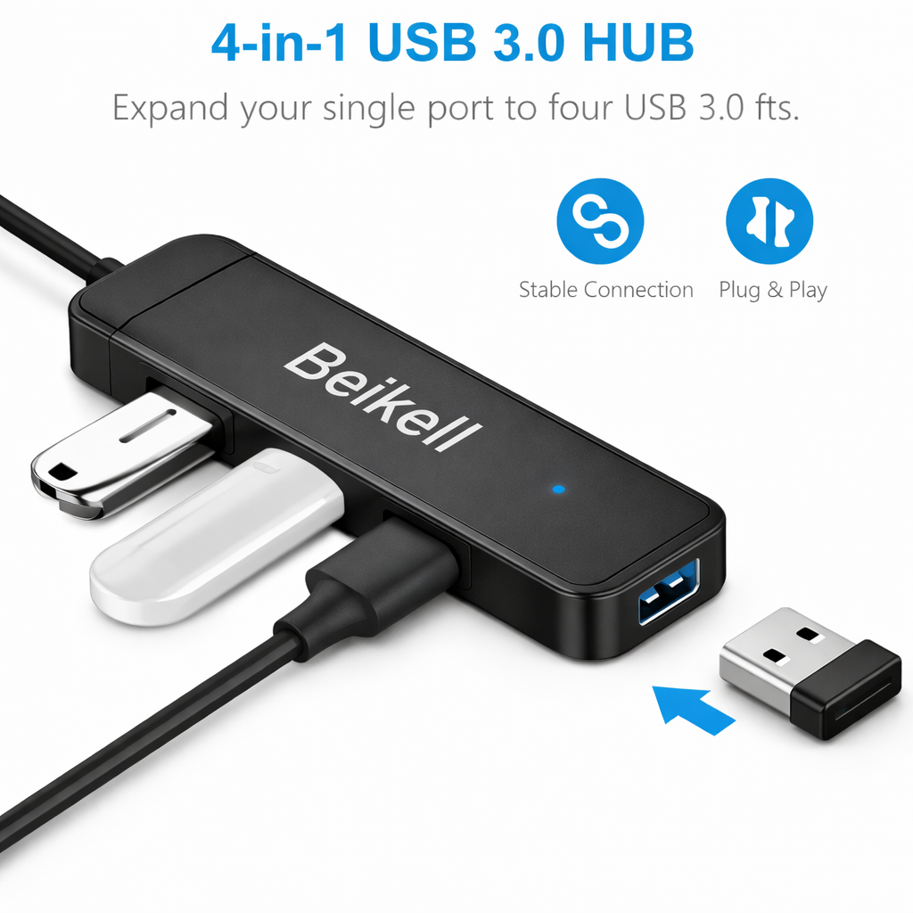 Beikell USB 3.0 Hub, 4-Port Ultra Slim USB Hub, Data Hub, Extra Light, Super Speed, for MacBook, MacBook Air/Pro/Mini, PS4, Surface Pro, Huawei MateBook, USB Flash Drives etc.