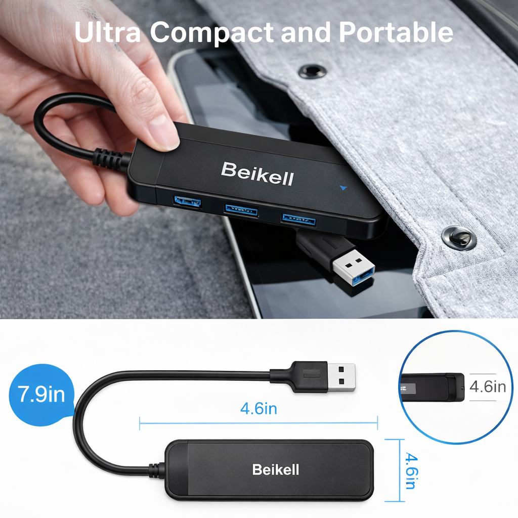 Beikell USB 3.0 Hub, 4-Port Ultra Slim USB Hub, Data Hub, Extra Light, Super Speed, for MacBook, MacBook Air/Pro/Mini, PS4, Surface Pro, Huawei MateBook, USB Flash Drives etc.