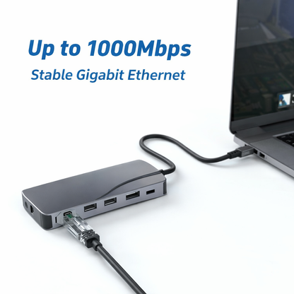 Fonething USB C HUB, 11 in 1 USB C Docking Station with 4K HDMI, , 3*USB 3.0, USB C Data, , RJ45 Ethernet Port, SD/TF, 3.5mm AUX, Compatible with MakBook Pro/Air, More Type C Devices-grey