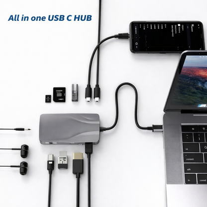 Fonething USB C HUB, 11 in 1 USB C Docking Station with 4K HDMI, , 3*USB 3.0, USB C Data, , RJ45 Ethernet Port, SD/TF, 3.5mm AUX, Compatible with MakBook Pro/Air, More Type C Devices-grey