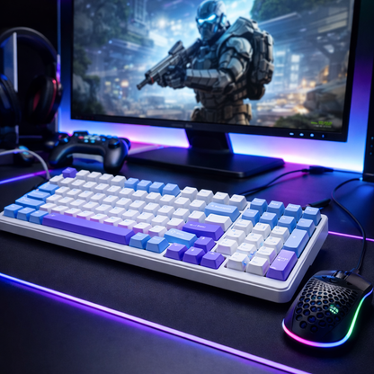 BT-09 PC Gaming Keyboard 2in1 Wireless and USB-C Wired, RGB Backlit (Blue White Purple)