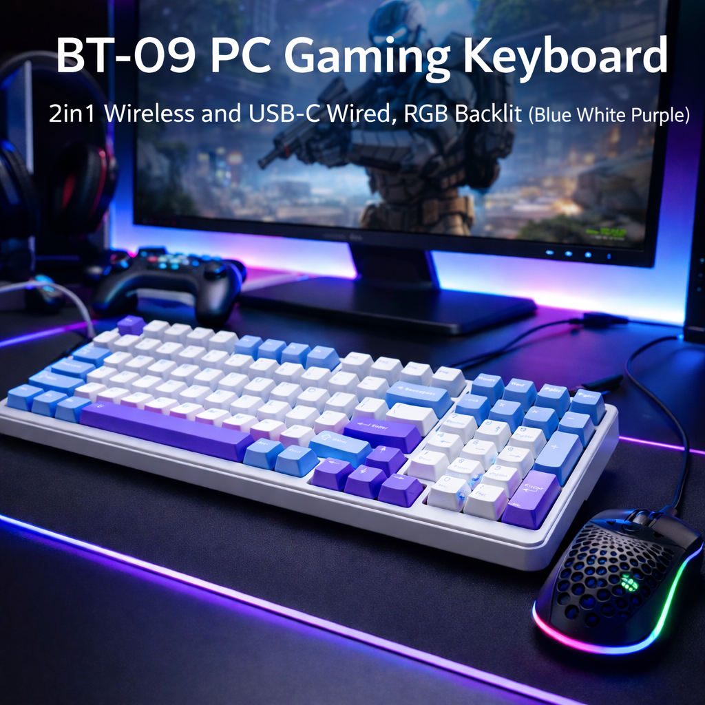 BT-09 PC Gaming Keyboard 2in1 Wireless and USB-C Wired, RGB Backlit (Blue White Purple)