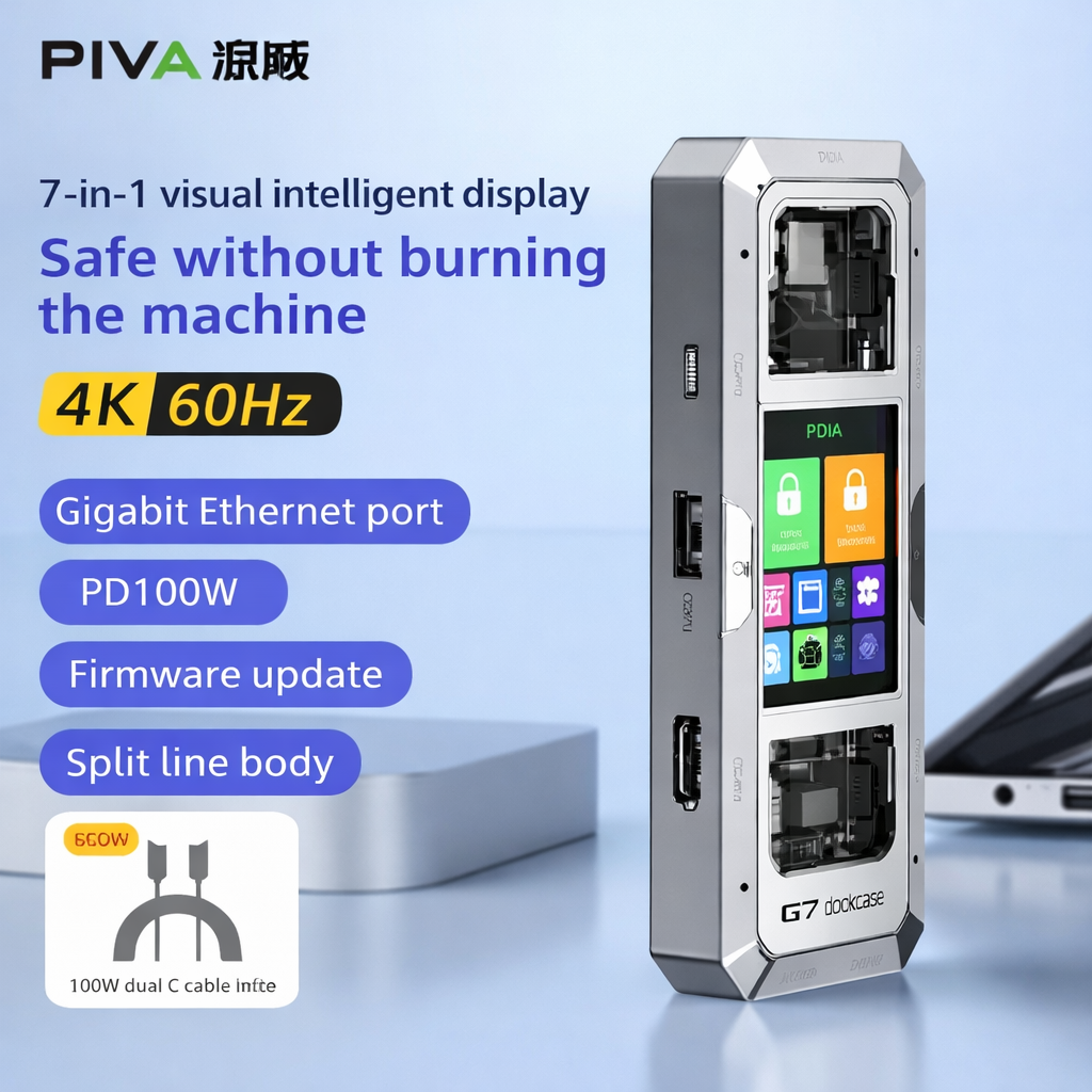 G71 7 in 1 Aluminum Alloy Office Docking Station Smart Screen Display Type-C to HDMI2.0 USB3.0 HUB PD100W Adapter