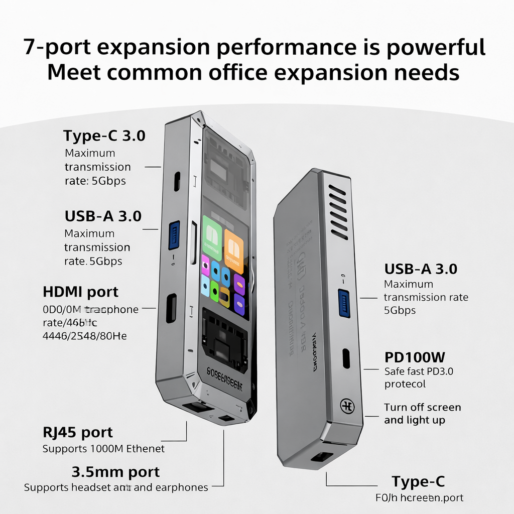 G71 7 in 1 Aluminum Alloy Office Docking Station Smart Screen Display Type-C to HDMI2.0 USB3.0 HUB PD100W Adapter
