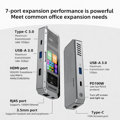 G71 7 in 1 Aluminum Alloy Office Docking Station Smart Screen Display Type-C to HDMI2.0 USB3.0 HUB PD100W Adapter