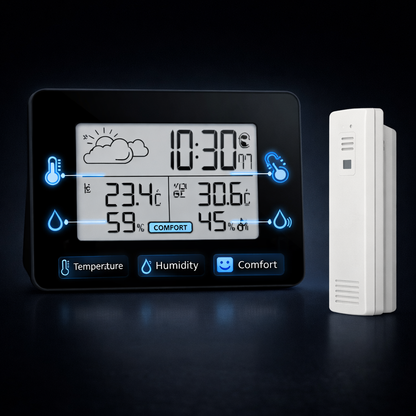 Weather Clock, Optional ℃/℉ Digital LCD Alarm Clock with LCD Clear Large Digital Display Support Snooze and Alarm Function(Black)