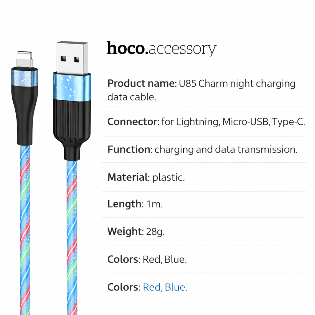 U85 Charming night USB to Type C charging data cable light streaming effect 1m current up to 2.4A.