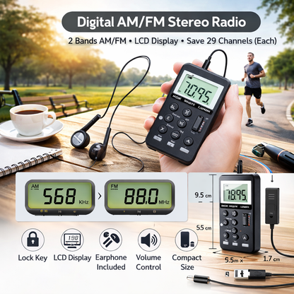 Pocket Radio,Portable Headset Radios,Mini Digital AM/FM Stereo Radio with Headphone,Rechargeable Battery LCD Display for Walking/Running,Personal Radio Support Micro USB