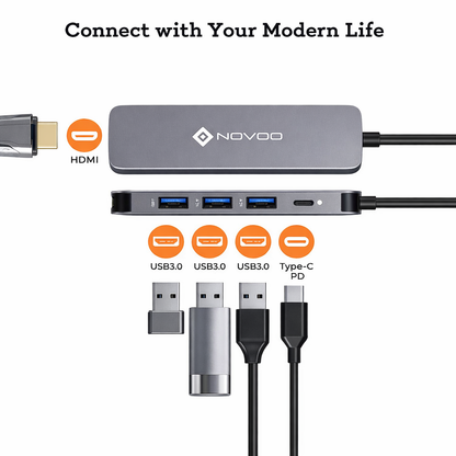 NOVOO 5-in-1 pro NVHUB122G5PDNS USB hub (Grey)